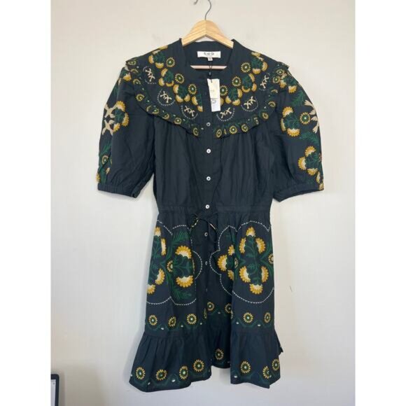 NWT Sea New York Tie Waist Perle Print Puff Sleeve Mini Dress Black Size: XL - Picture 2 of 7